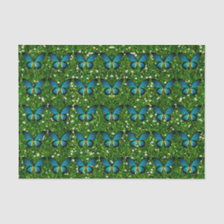 Seda Mariposa Azul Sobre Papel De Tejido Verde Purpurin