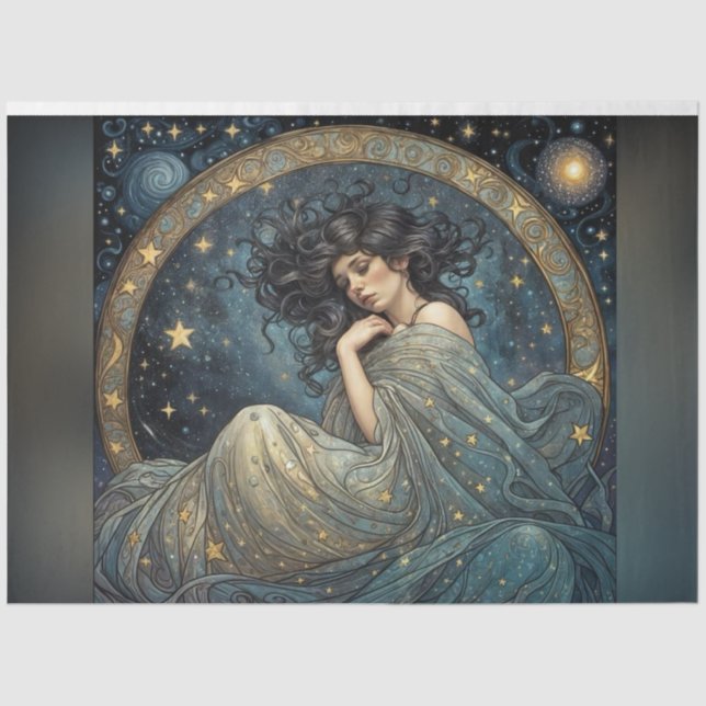 Seda Mujer Art Nouveau en papel de decoro de estrellas (Anverso)