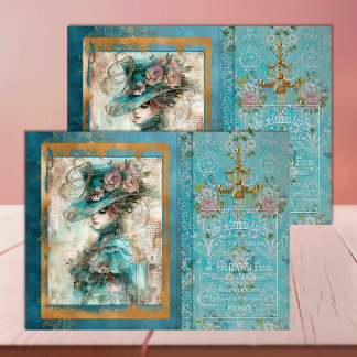 Seda Mujer Victoriana Azul Teal – Papel de Decoupage
