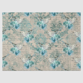 Seda Pájaros blancos, flores azules y papel de prensa