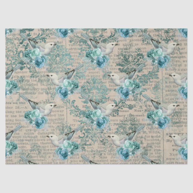 Seda Pájaros blancos, flores azules y papel de prensa (Anverso)