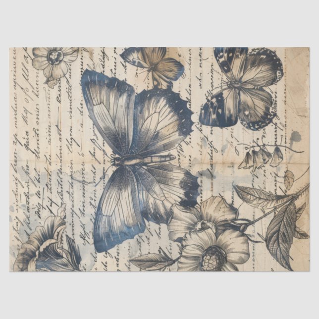 Seda Papel antiguo con rosas de mariposas de tinta mono (Anverso)