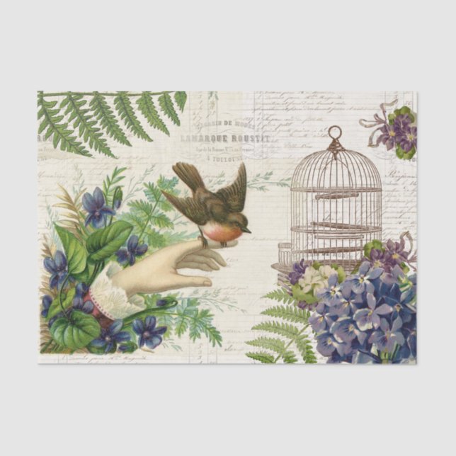 Seda Papel de debate sobre aves con violetas de época a (Anverso)