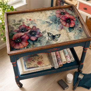 Seda Papel de Decoupage de Acuarela con Amapola Roja y