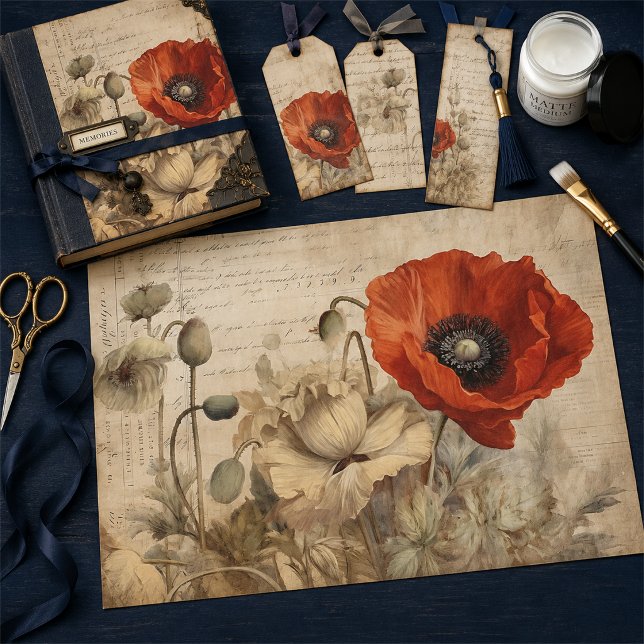 Seda Papel de Decoupage de Amapolas Rojo Antiguo y Crem (Subido por el creador)