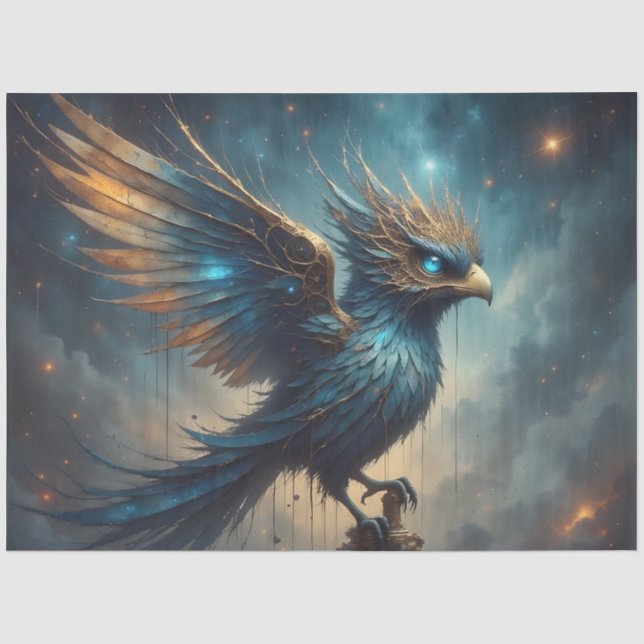 Seda Papel de decoupage de ave fénix azul fantasía (Anverso)