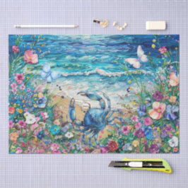 Seda Papel de Decoupage de Cangrejo Azul y Mariposas Fl