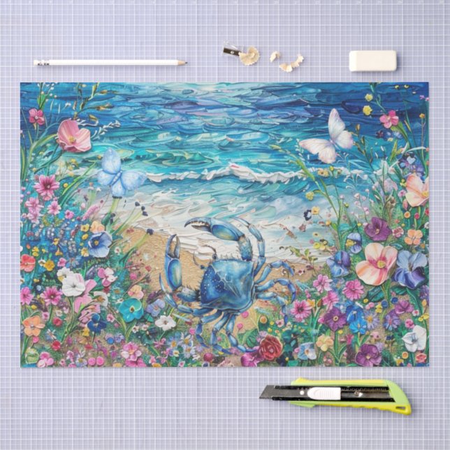Seda Papel de Decoupage de Cangrejo Azul y Mariposas Fl (Artesanía)