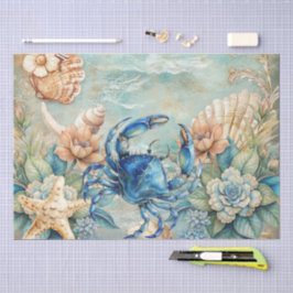 Seda Papel de Decoupage de Cangrejo y Conchas Azul Past