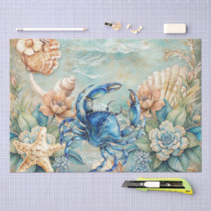 Seda Papel de Decoupage de Cangrejo y Conchas Azul Past