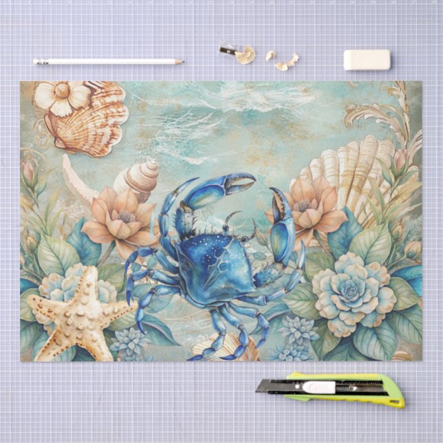 Seda Papel de Decoupage de Cangrejo y Conchas Azul Past (Artesanía)