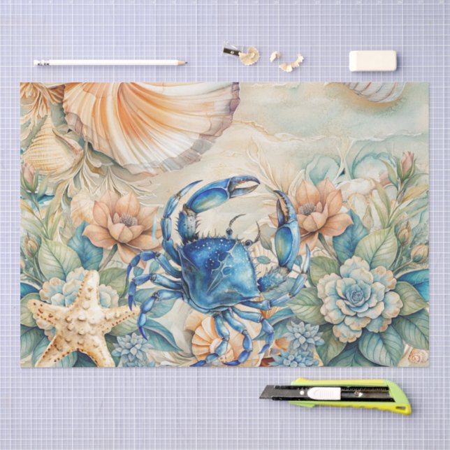 Seda Papel de Decoupage de Cangrejo y Conchas Azul Past (Artesanía)