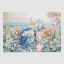 Seda Papel de Decoupage de Cangrejo y Conchas Azul Past