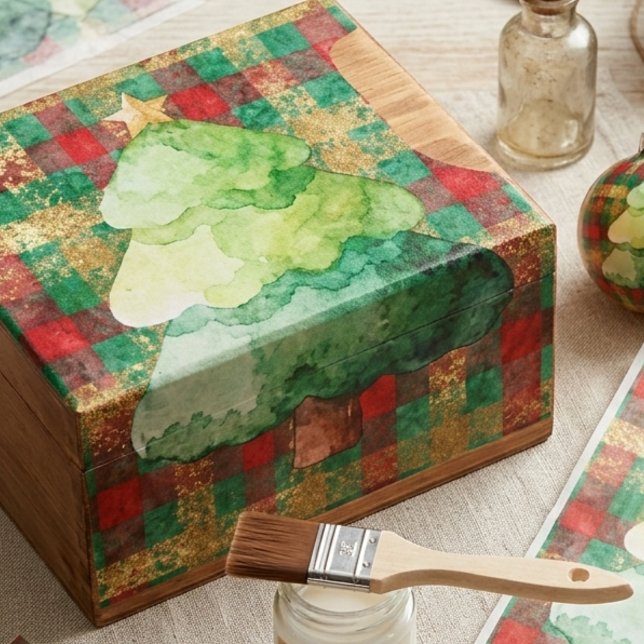Seda Papel de Decoupage de Cuadros de Árbol de Navidad  (Festive Christmas Tree Plaid Decoupage Tissue Paper for Holiday Crafts.)