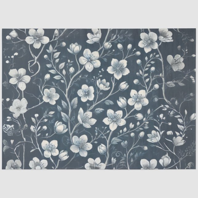 Seda Papel de Decoupage de Mezclilla con Flores Blancas (Anverso)