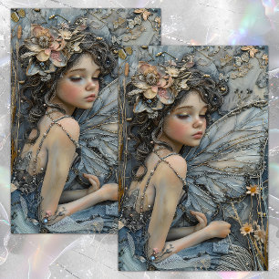 Seda Papel de Decoupage de Niña Hada del Bosque Azul