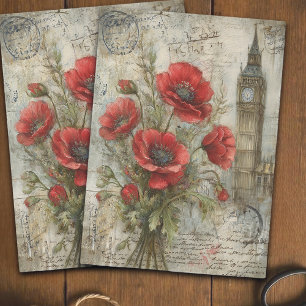 Seda Papel de decoupage de viaje de amapola roja carmes