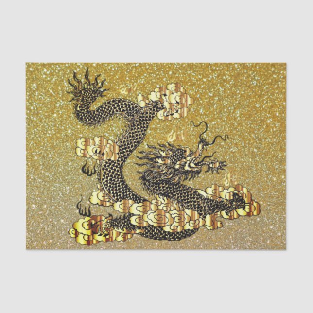 Seda Papel de dragón chino dorado y negro (Anverso)