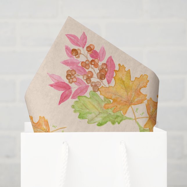 Seda Papel de Hojas y Bayas de Acuarela de Otoño (Bolsa de regalo)