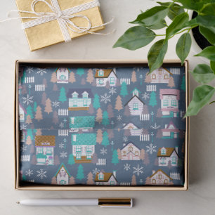 Seda Papel de regalo azul de casas de Navidad