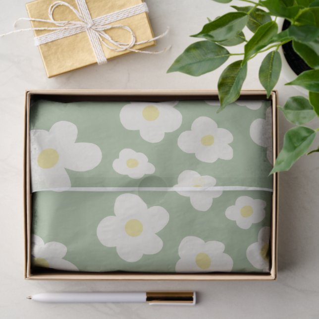 Seda Papel de seda, verde con flores blancas. (Regalo )