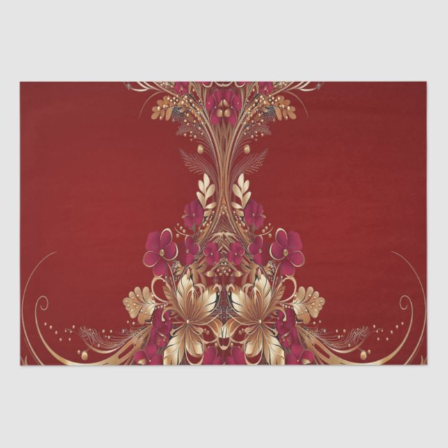 Seda Papel de té rojo de vacaciones florales de oro (Anverso)