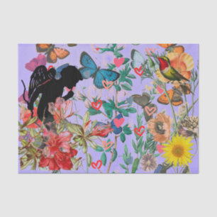 SEDA PAPEL DE TEJIDO ANGEL EN UN JARDÍN CON MARIPOSAS