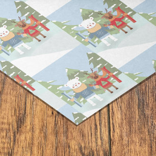 Seda Papel de Tejido Azul del Patrón Polar de Oso y Ren