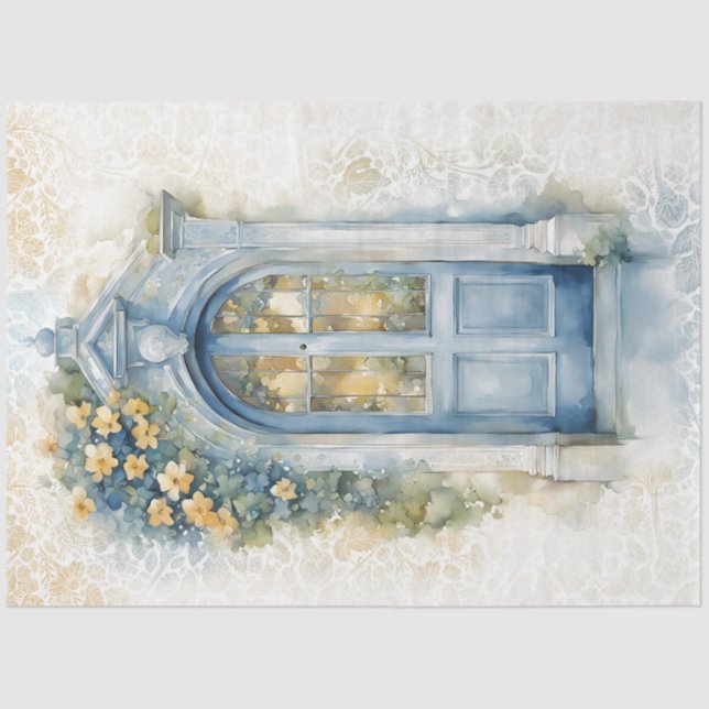 Seda Papel de tejidos azul y amarillo floral (Anverso)