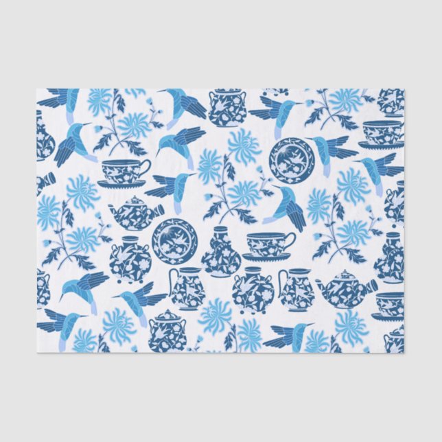 Seda Papel de tejidos Blue Hummingbirds and Flowers (Anverso)