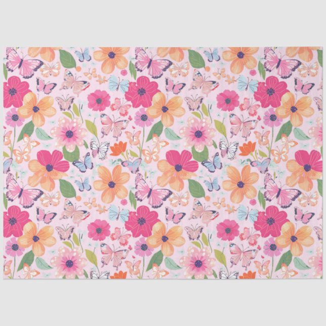 Seda Papel de tejidos, mariposas y flores rosa suave (Anverso)