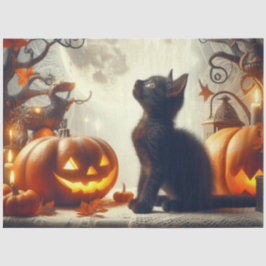 Seda Papel de tejidos negro para gato de Halloween vint
