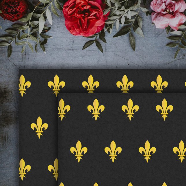 Seda Papel de tejidos negros con oro Fleur de Lis (Gold Fleur de Lis Black Tissue Paper)