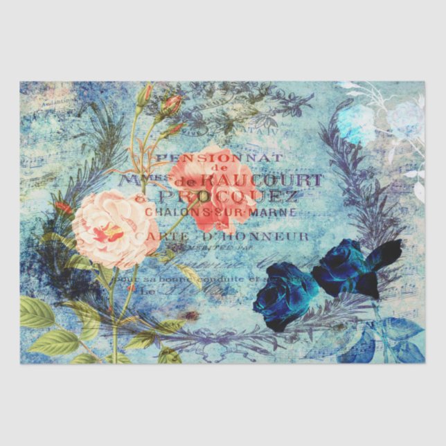 Seda Papel de tono azul de desconchado de Rosas frances (Anverso)