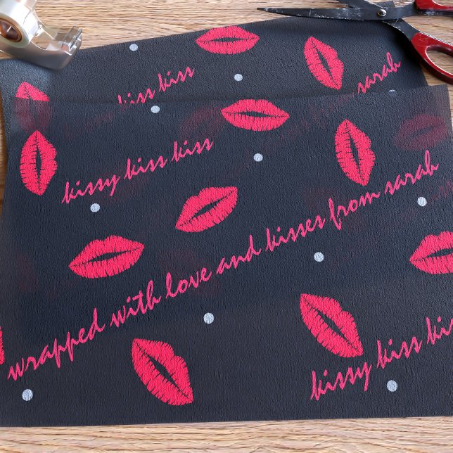 Seda Papel de tono del Día de San Valentín del patrón d (Black and red lipstick kisses tissue paper with text you can customize)