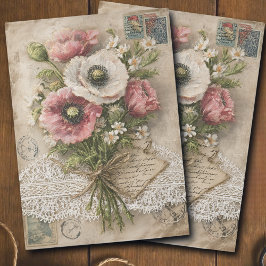 Seda Papel Decoupage de Amapolas Rosadas y Blancas Vint