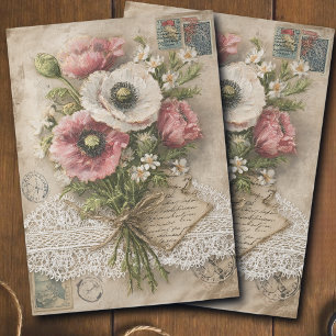 Seda Papel Decoupage de Amapolas Rosadas y Blancas Vint
