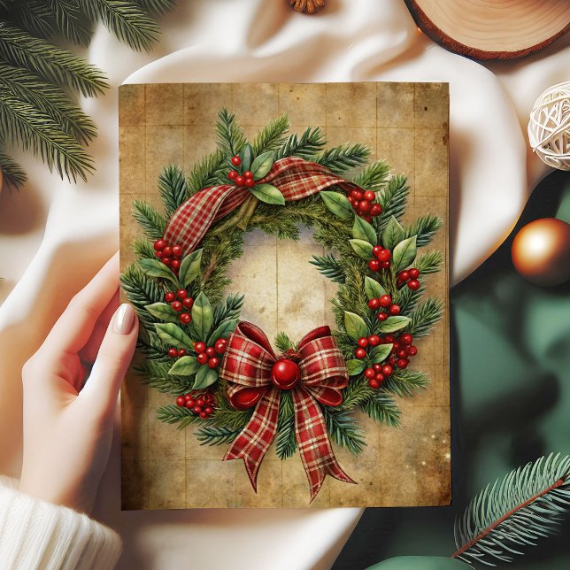 Seda Papel decoupage de corona de Navidad cálida rojo v (Warm Christmas wreath decoupage paper red green)