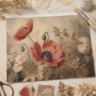 Seda Papel decoupage de efímera botánica de amapola roj