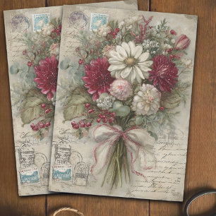 Seda Papel decoupage de flores navideñas vintage en roj