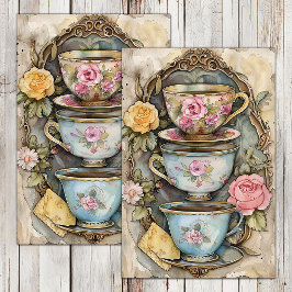 SEDA PAPEL DECOUPAGE DE TAZAS DE TÉ APILADAS