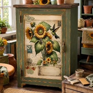 Seda Papel Decoupage Flor de Girasol y Colibrí Vintage