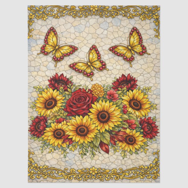 Seda Papel Decoupage Floral de Borgoña y Girasoles (Anverso)
