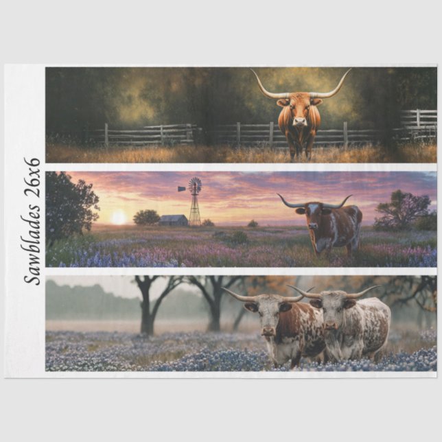 Seda Papel decoupage Longhorn Wester Hojas de sierra (Anverso)