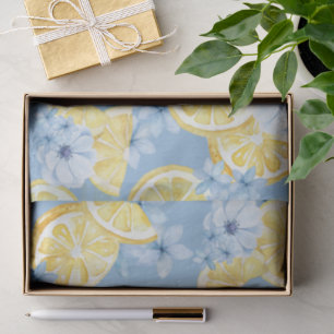 Seda Papel tisú de acuarela floral azul y limón en roda