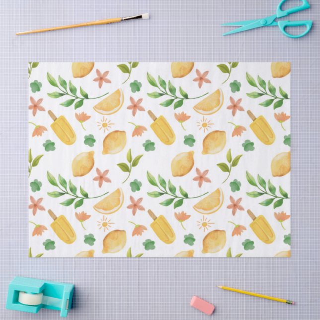 Seda Papel tisú de acuarela Limones y paletas de verano (Artesanía)