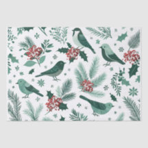Papel tisú de pájaros navideños verde esmeralda