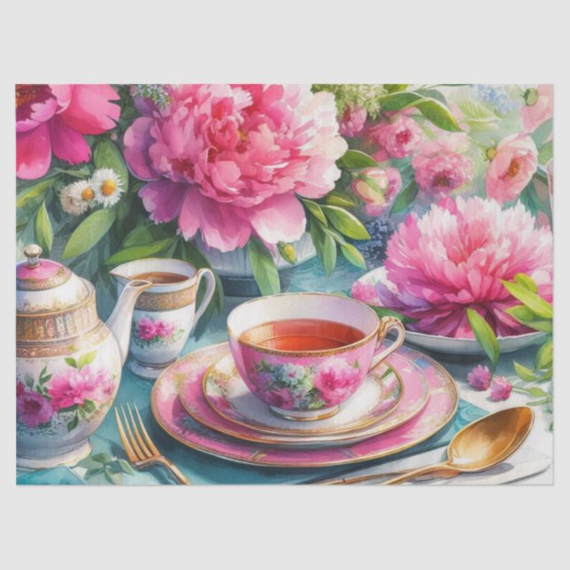 Seda Papel Tisu Floral de Té de Peonía Rosa (Anverso)