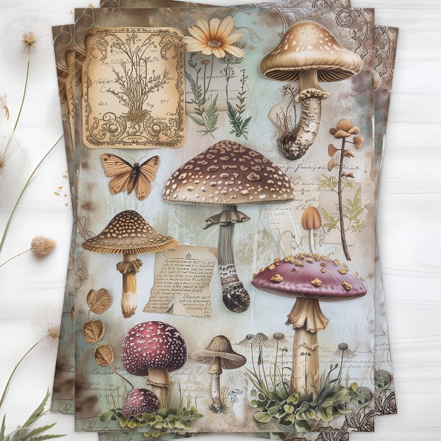 SEDA PAPEL TISÚ PARA DECOUPAGE DE PÓSTER DE HONGOS SILV (WILD MUSHROOMS POSTER DECOUPAGE TISSUE PAPER)