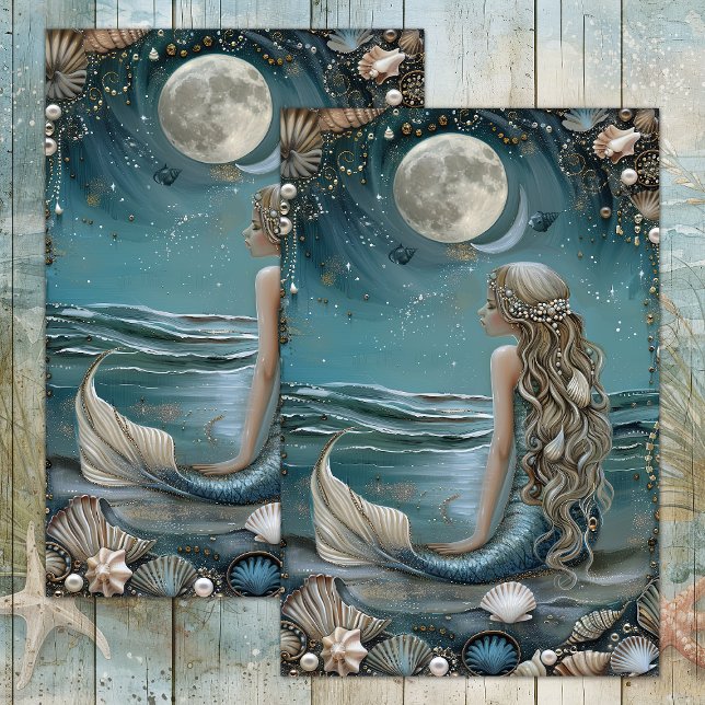SEDA PAPEL TISÚ PARA DECOUPAGE DE SIRENA A LA LUZ DE LA (MERMAID BY MOONLIGHT DECOUPAGE TISSUE PAPER)